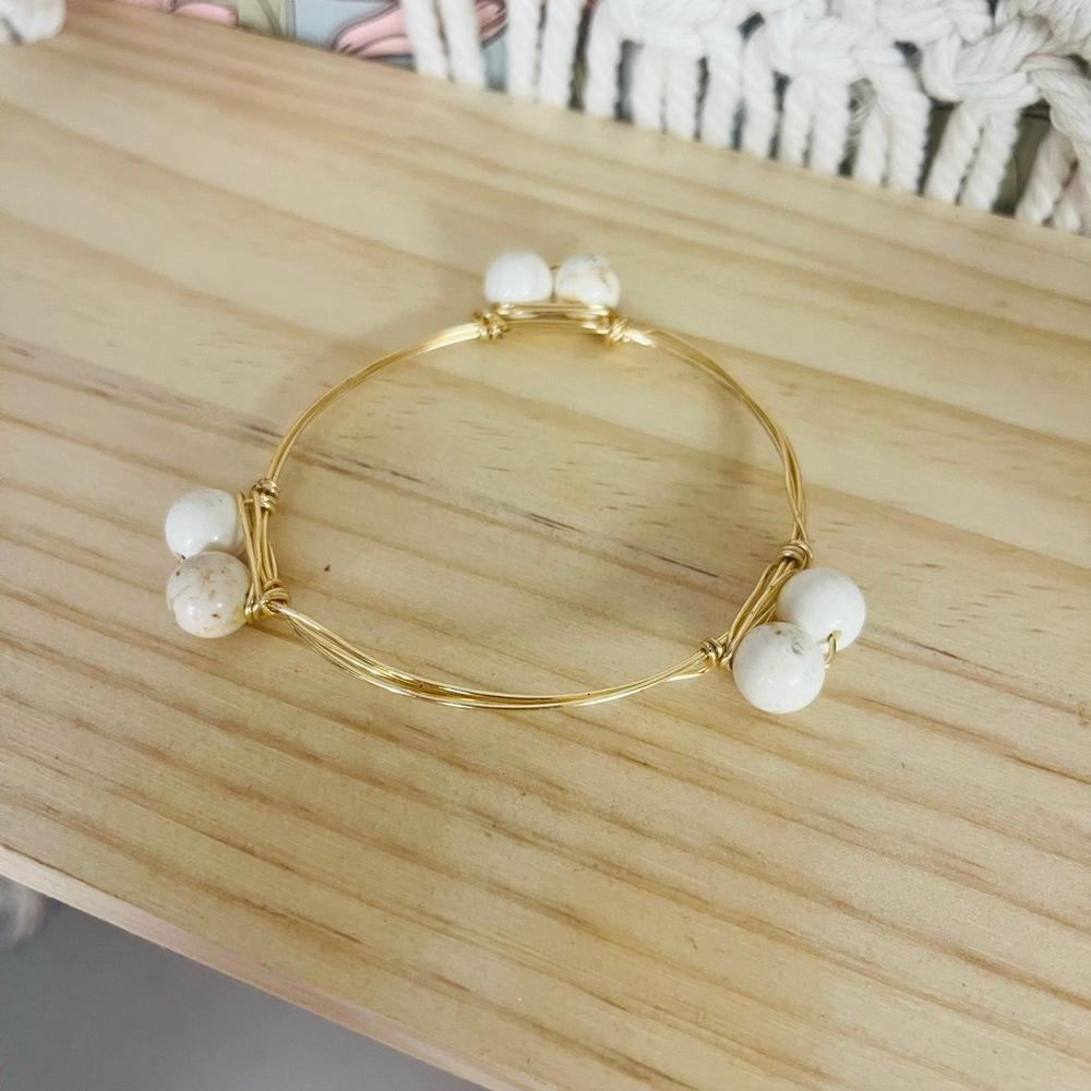 Gold Tone Beaded Bangle Bracelet | White Stone Wire Wrap| Stackable Boho - Picture 1 of 7